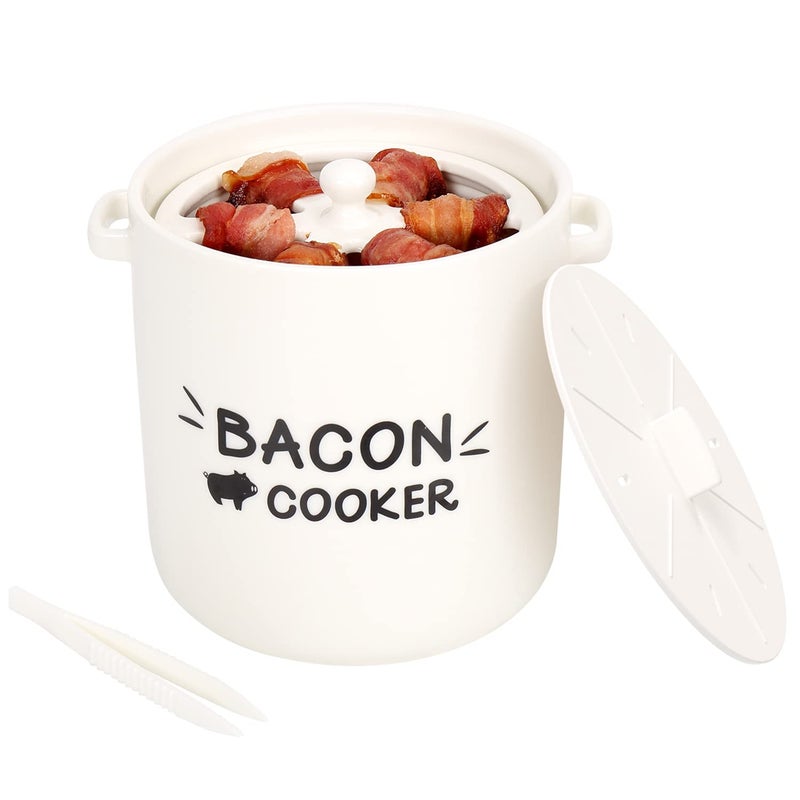 SOLIGT SOLIGT Ceramic Bacon Cooker for Microwave Oven - Splatter-Proof Design Microwave Bacon Cooker with Lid and Bonus Tongs - Easy Faster Bacon Maker for Yummy Crispy Bacon  - Image 1