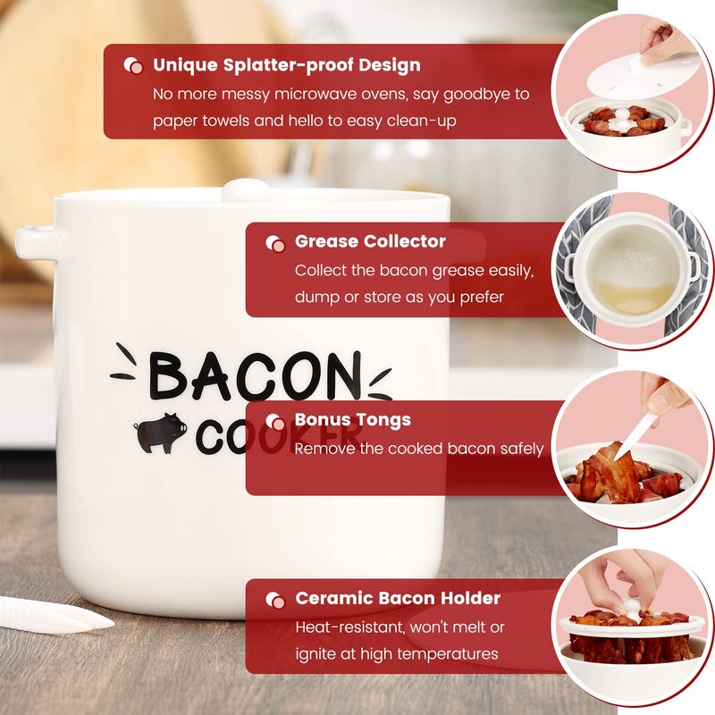 SOLIGT SOLIGT Ceramic Bacon Cooker for Microwave Oven - Splatter-Proof Design Microwave Bacon Cooker with Lid and Bonus Tongs - Easy Faster Bacon Maker for Yummy Crispy Bacon  - Image 5