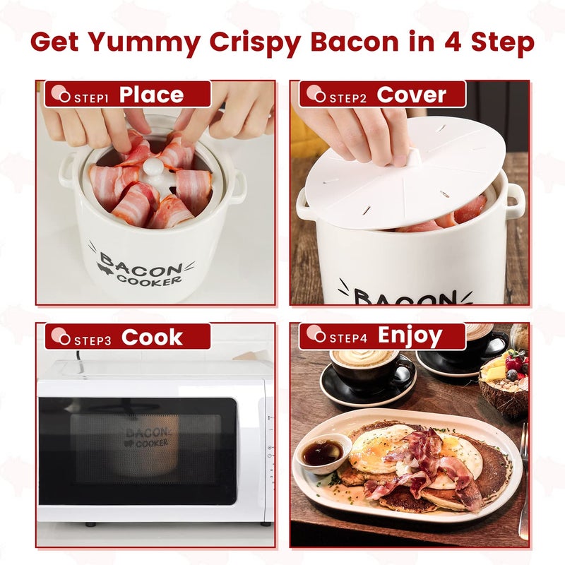 SOLIGT SOLIGT Ceramic Bacon Cooker for Microwave Oven - Splatter-Proof Design Microwave Bacon Cooker with Lid and Bonus Tongs - Easy Faster Bacon Maker for Yummy Crispy Bacon  - Image 4