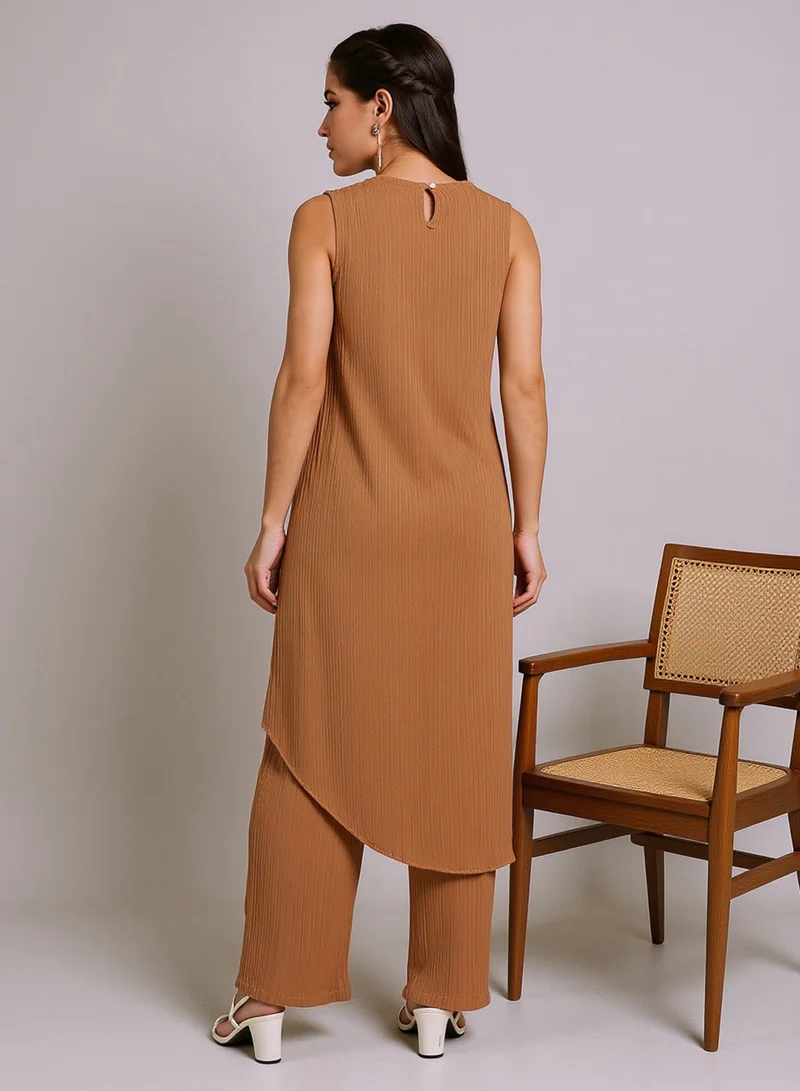 QISSA Women's Camel Beige Textured Wrap Kurta With Trousers For Ethnic Wear | Round Neck, Sleeveless | Solid Textured Fabric | 2 Piece Kurta Set Designed For Casual & Evening Wear