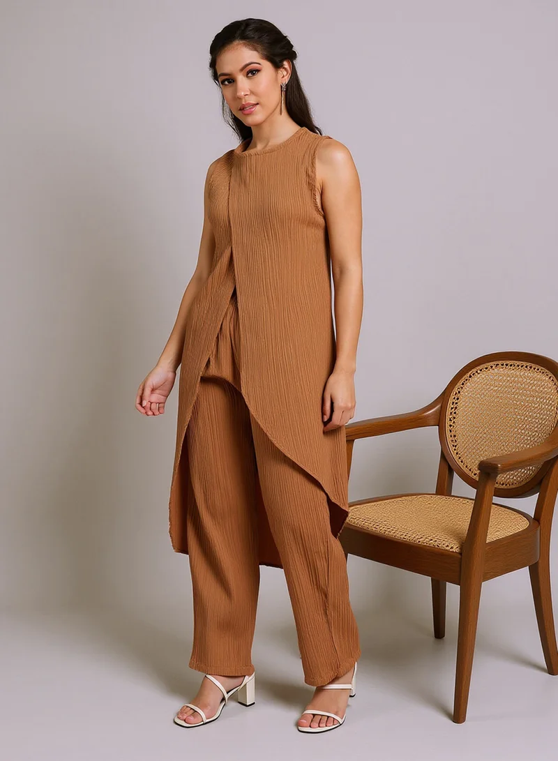 QISSA Women's Camel Beige Textured Wrap Kurta With Trousers For Ethnic Wear | Round Neck, Sleeveless | Solid Textured Fabric | 2 Piece Kurta Set Designed For Casual & Evening Wear