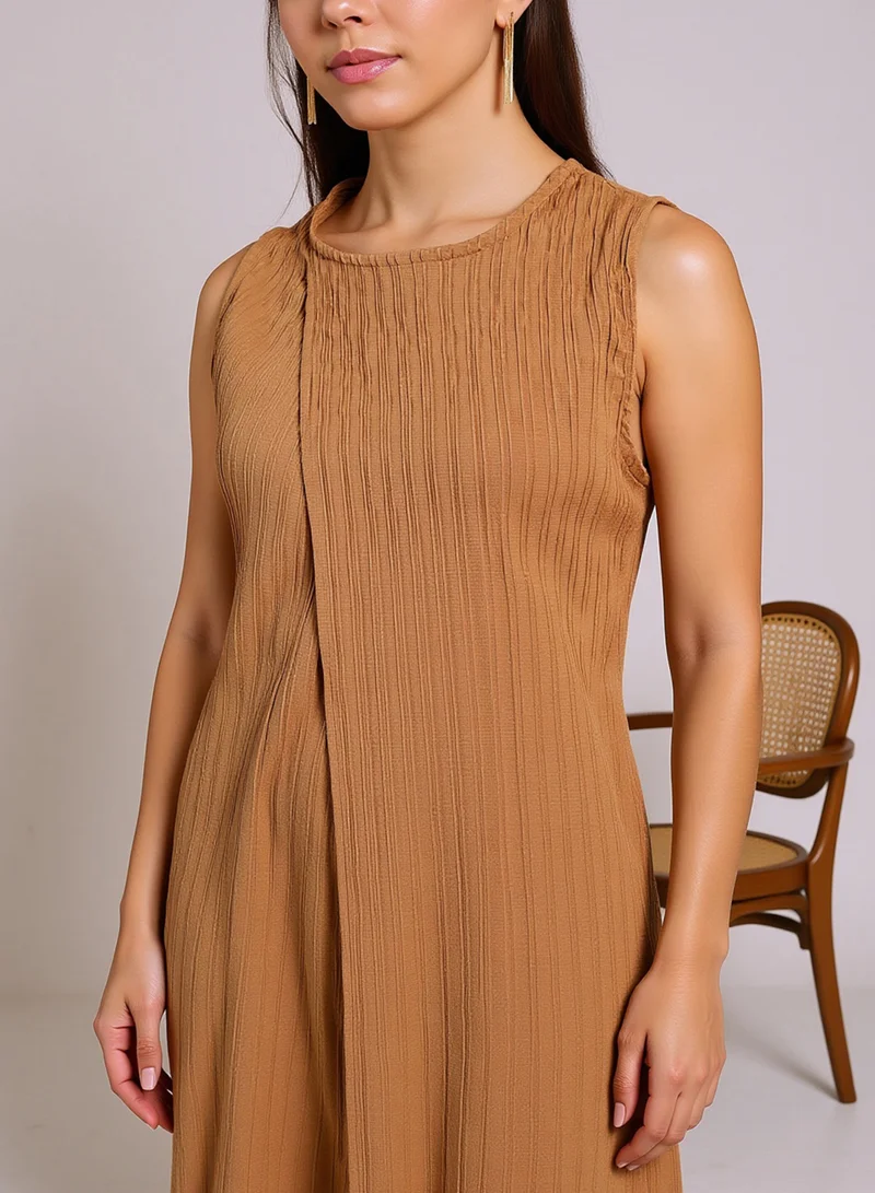 QISSA Women's Camel Beige Textured Wrap Kurta With Trousers For Ethnic Wear | Round Neck, Sleeveless | Solid Textured Fabric | 2 Piece Kurta Set Designed For Casual & Evening Wear