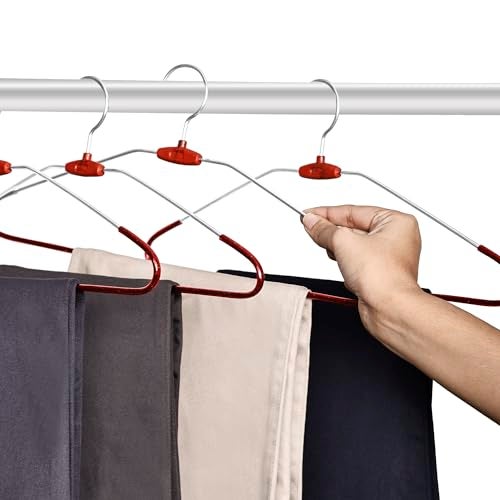 ROLLYWARE™ Premium Steel Cloth Hanger India's First Rotational Unique Design Premium Stainless Steel Hanger with Lower Band Lock - Wardrobe, Sarees, Pants, Scarfs & Other Clothes (RED Pack of 10) - Image 2