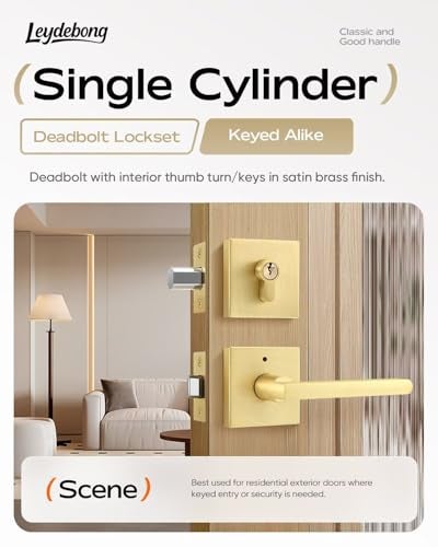 Leydebong 1 Pack Gold Door Handle Set with Single Cylinder Deadbolt Entry Door Locksets with Deadbolt Modern Contemporary Square Design in Zinc Alloy - Image 3
