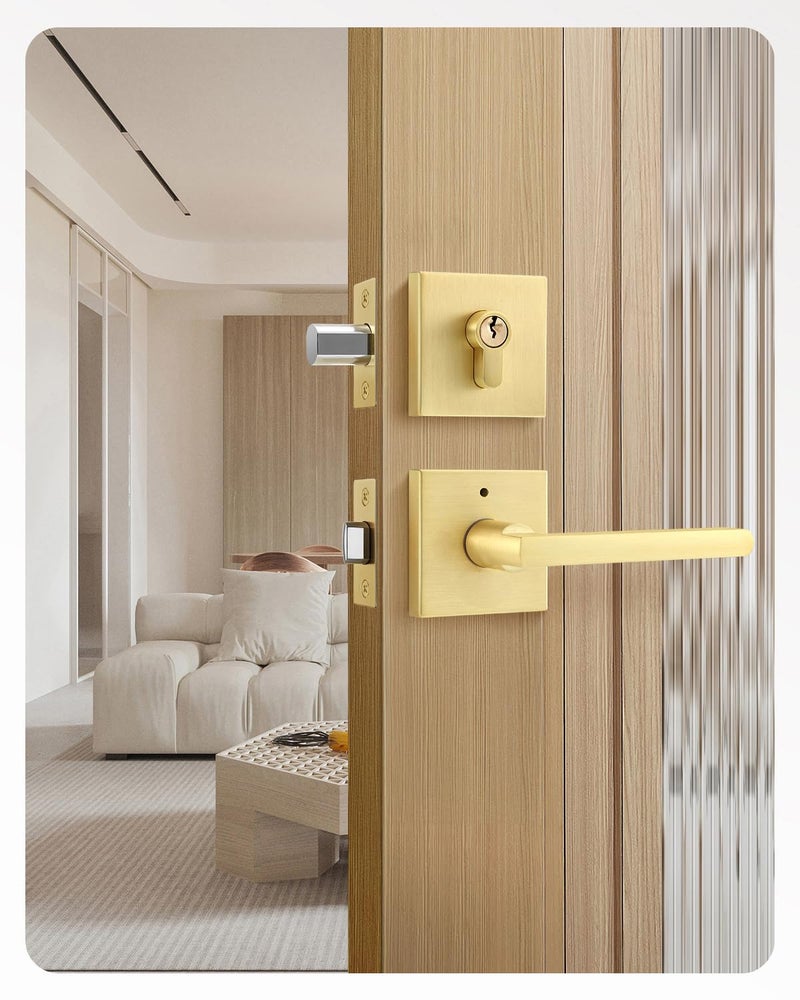 Leydebong 1 Pack Gold Door Handle Set with Single Cylinder Deadbolt Entry Door Locksets with Deadbolt Modern Contemporary Square Design in Zinc Alloy - Image 2
