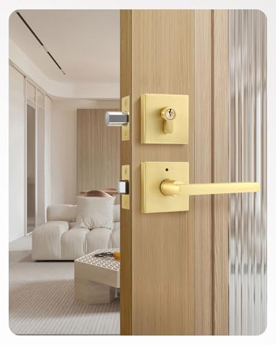 Leydebong 1 Pack Gold Door Handle Set with Single Cylinder Deadbolt Entry Door Locksets with Deadbolt Modern Contemporary Square Design in Zinc Alloy - Image 1