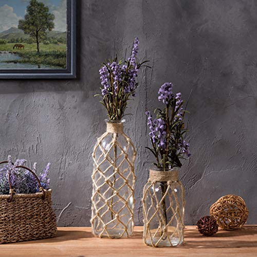 MyGift Small Glass Vases for Flowers, Set of 2 Coastal Flower Vase with Rope Wrapping for Tables Centerpieces, Nautical Home Decor - Image 2