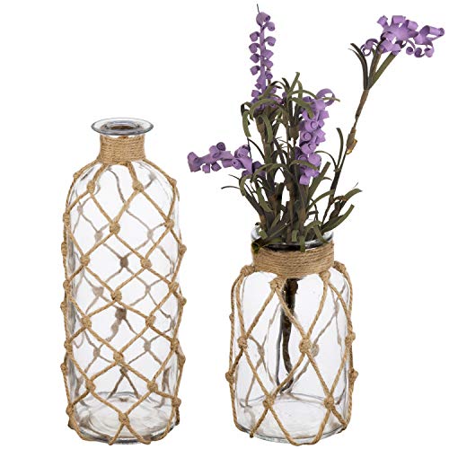 MyGift Small Glass Vases for Flowers, Set of 2 Coastal Flower Vase with Rope Wrapping for Tables Centerpieces, Nautical Home Decor - Image 1