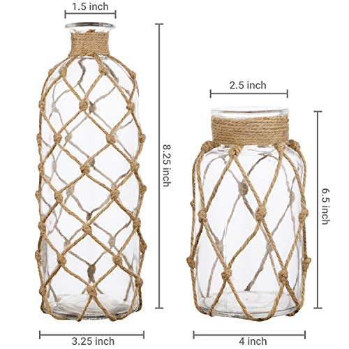 MyGift Small Glass Vases for Flowers, Set of 2 Coastal Flower Vase with Rope Wrapping for Tables Centerpieces, Nautical Home Decor - Image 4
