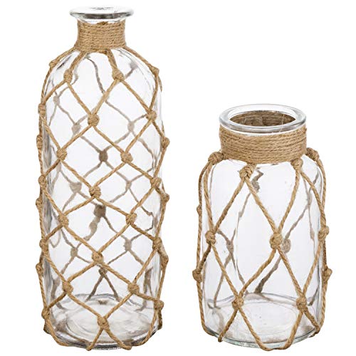 MyGift Small Glass Vases for Flowers, Set of 2 Coastal Flower Vase with Rope Wrapping for Tables Centerpieces, Nautical Home Decor - Image 5