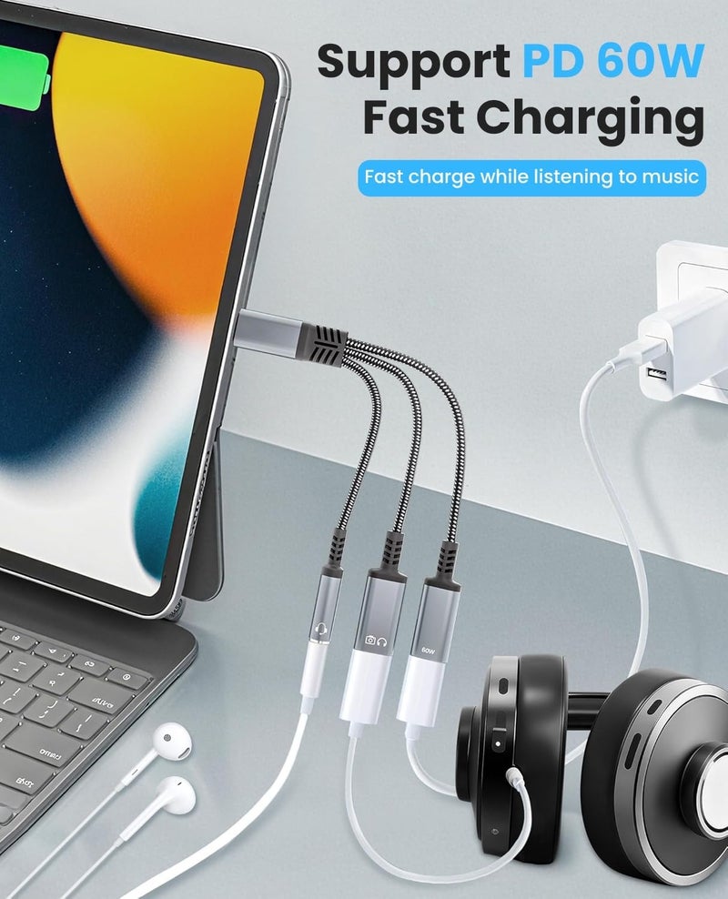 إليفانت بوت مقسم الصوت ® 60W PD Type-C، محول شحن 3 في 1 من USB-C إلى مقبس سماعة الرأس، شحن سريع PD ومقسم صوت 3.5 ملم، لأجهزة iPhone 15 وiPad وAndroid وMacBook - Image 3