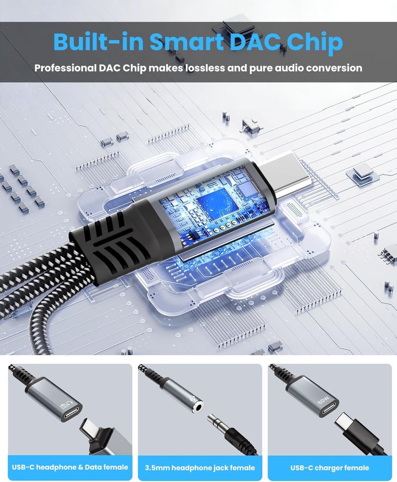 إليفانت بوت مقسم الصوت ® 60W PD Type-C، محول شحن 3 في 1 من USB-C إلى مقبس سماعة الرأس، شحن سريع PD ومقسم صوت 3.5 ملم، لأجهزة iPhone 15 وiPad وAndroid وMacBook - Image 5