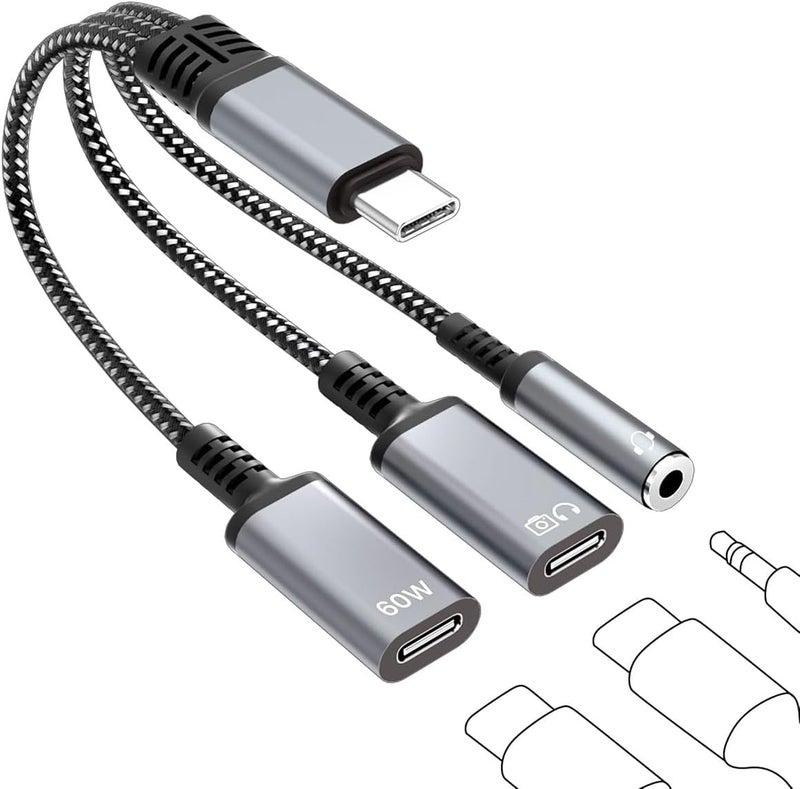 إليفانت بوت مقسم الصوت ® 60W PD Type-C، محول شحن 3 في 1 من USB-C إلى مقبس سماعة الرأس، شحن سريع PD ومقسم صوت 3.5 ملم، لأجهزة iPhone 15 وiPad وAndroid وMacBook - Image 1