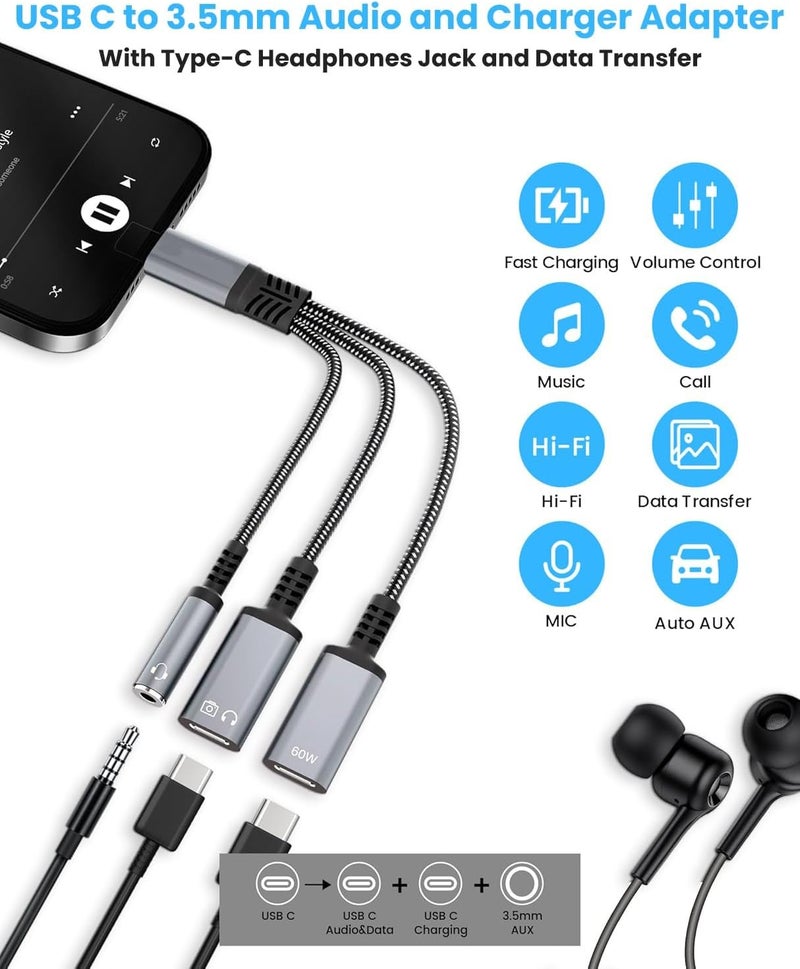 إليفانت بوت مقسم الصوت ® 60W PD Type-C، محول شحن 3 في 1 من USB-C إلى مقبس سماعة الرأس، شحن سريع PD ومقسم صوت 3.5 ملم، لأجهزة iPhone 15 وiPad وAndroid وMacBook - Image 2