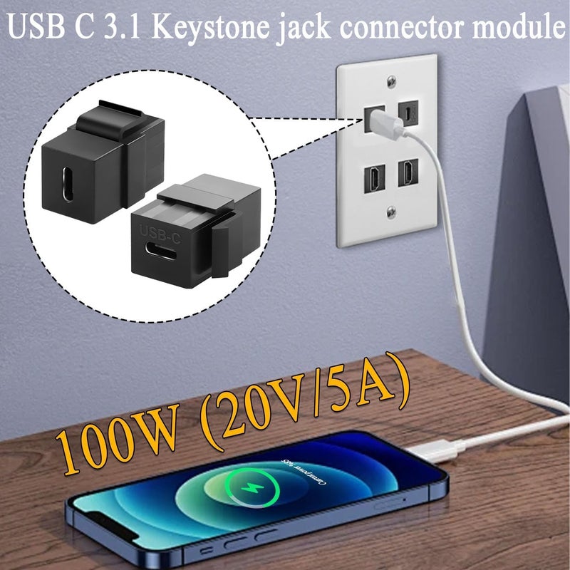 مقبس كيستون USB C، تراودين USB 3.1 موصل Type-C إدخال كيستون أنثى إلى أنثى، نوع موصل للوحة الجدار - أسود - Image 3