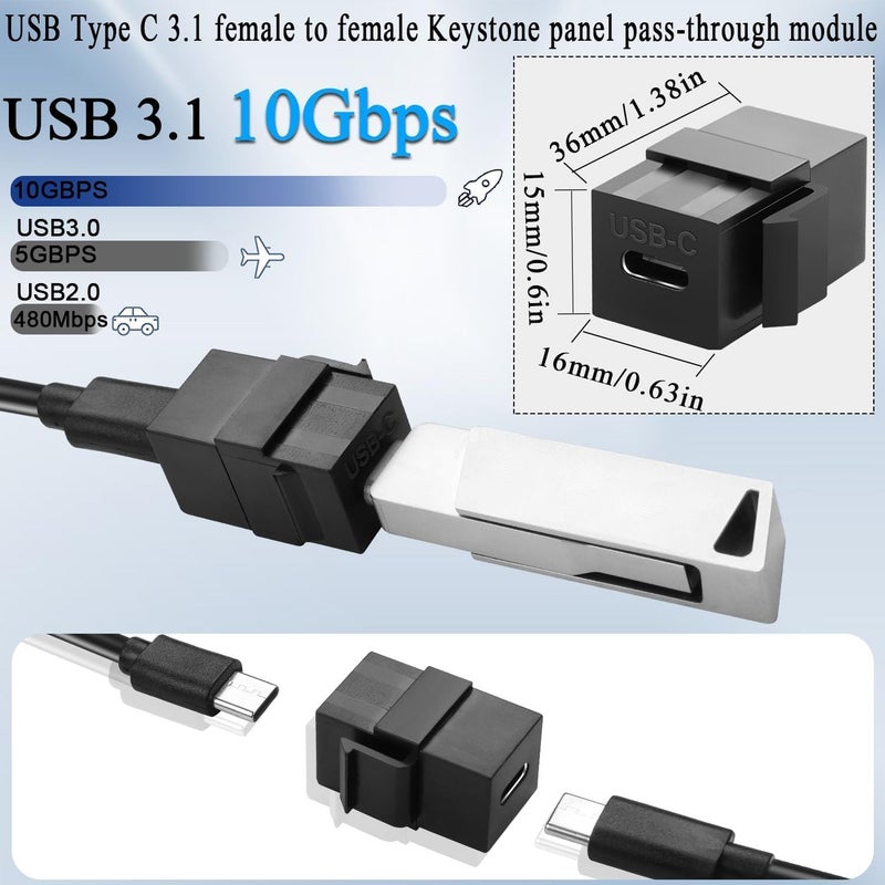 مقبس كيستون USB C، تراودين USB 3.1 موصل Type-C إدخال كيستون أنثى إلى أنثى، نوع موصل للوحة الجدار - أسود - Image 4