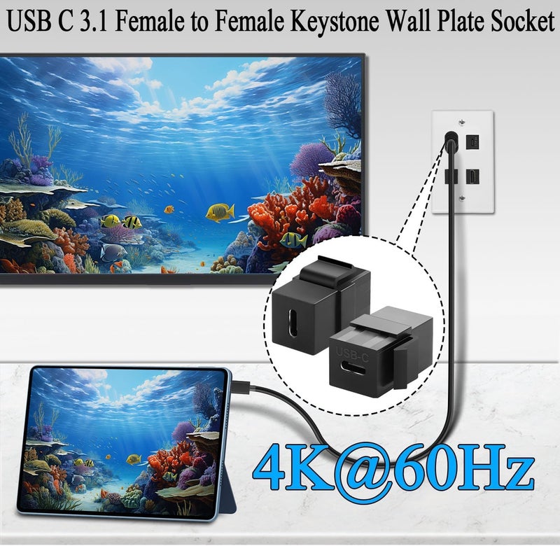 مقبس كيستون USB C، تراودين USB 3.1 موصل Type-C إدخال كيستون أنثى إلى أنثى، نوع موصل للوحة الجدار - أسود - Image 5