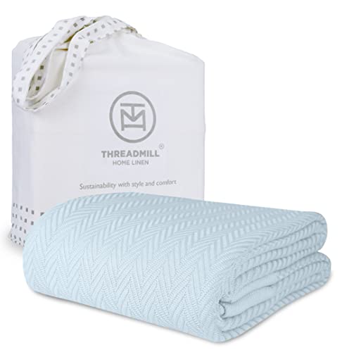 Threadmill Luxury Cotton Blankets for King Size Bed  AllSeason Cozy 100 Cotton King Size Blanket  Herringbone Soft Fall Thermal Blanket fits Cal King Size Bed  Light Blue