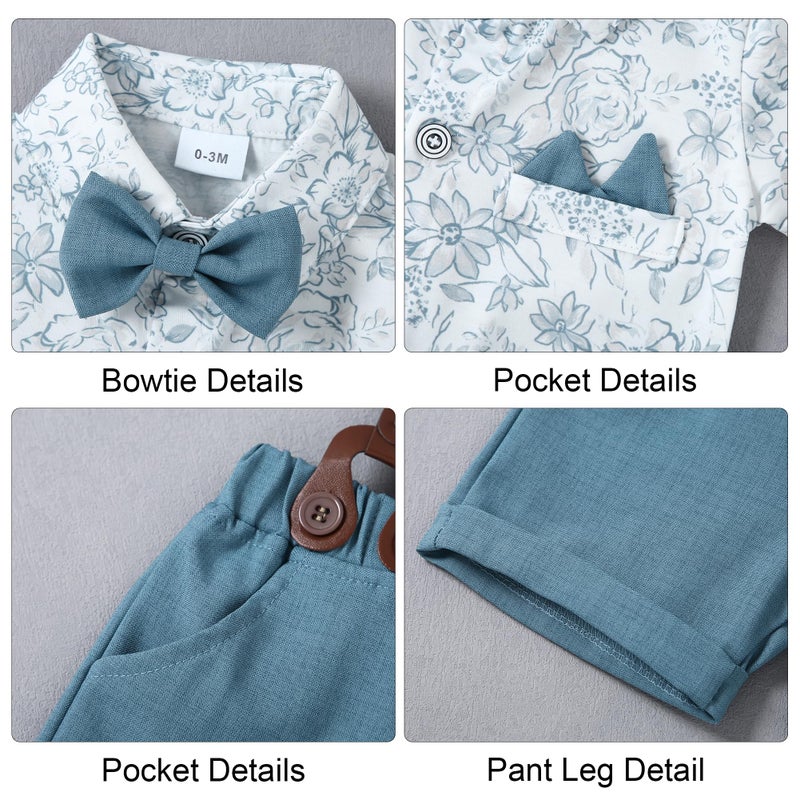 YALLET Baby Boy Clothes Suit Infant Boy Gentleman Outfits Dress Romper Shirt+Bowtie+Suspender Shorts(Blue Print, 3-6 Months) - Image 2
