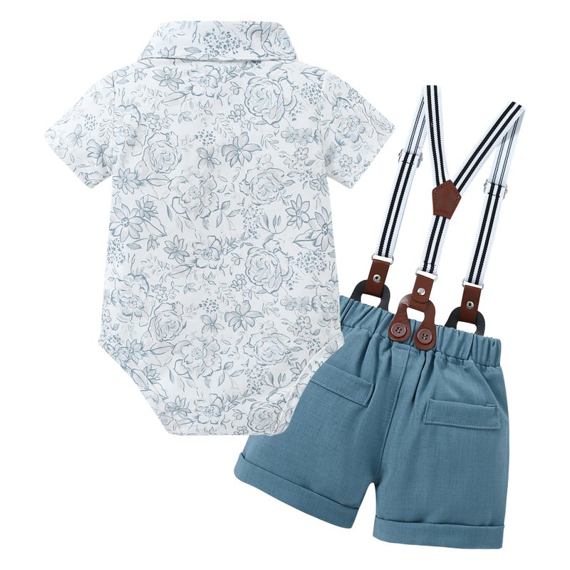 YALLET Baby Boy Clothes Suit Infant Boy Gentleman Outfits Dress Romper Shirt+Bowtie+Suspender Shorts(Blue Print, 3-6 Months) - Image 5