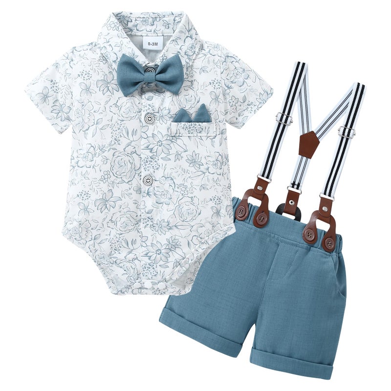 YALLET Baby Boy Clothes Suit Infant Boy Gentleman Outfits Dress Romper Shirt+Bowtie+Suspender Shorts(Blue Print, 3-6 Months) - Image 1