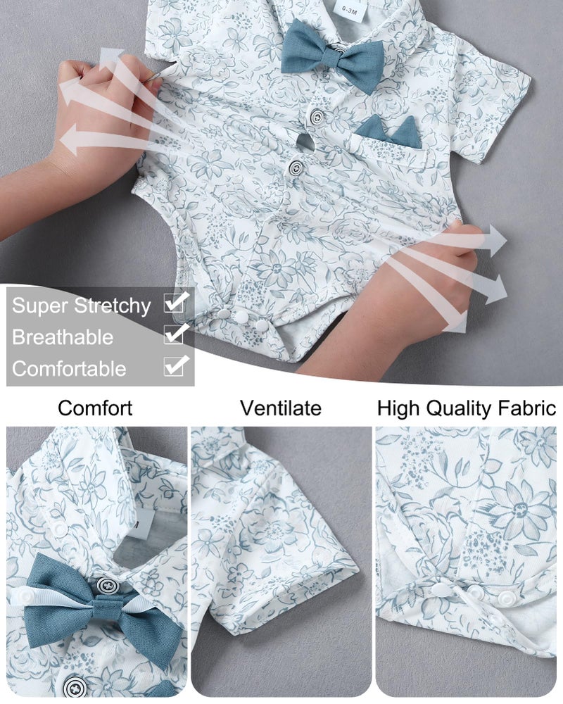 YALLET Baby Boy Clothes Suit Infant Boy Gentleman Outfits Dress Romper Shirt+Bowtie+Suspender Shorts(Blue Print, 3-6 Months) - Image 3