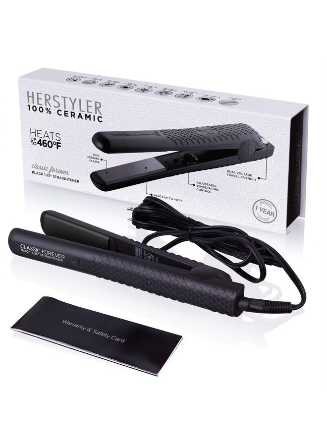Herstyler Forever Straightening Flat Iron | Travel Friendly Dual Voltage Flat Iron 1.25 inch | Ceramic Hair Straightener For Silken Hair | Negative Ion Technology To Fight Frizz | Beautiful In Black - Image 1