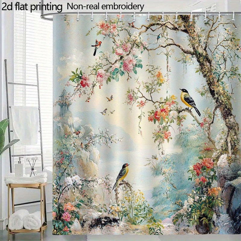 1pc Chinese Style Oriental Floral Paradise Bathroom Shower Curtain 70.8x70.8 Inches High Quality Polyester Machine Washable with Grommets Easy Hanging Vibrant Botanical Art for Home Spa Serene Decor - Image 1