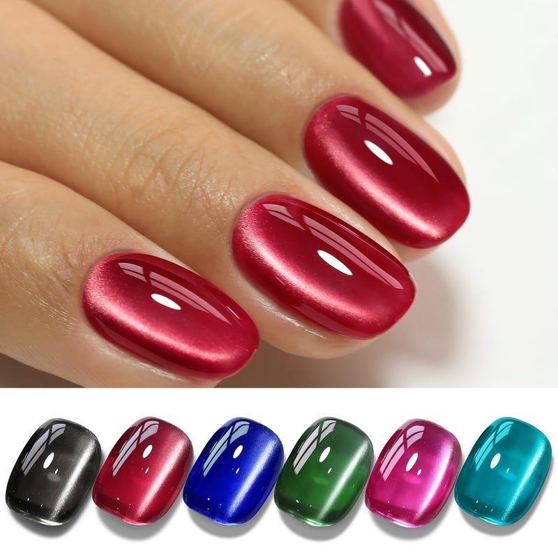 Double Rhythm Cat Eye Gel Polish Set 6 Colors Shimmer Glitter with Magnet Holographic Reflective Magnetic UV Gel Polish Art Kit (Black Burgundy Green Navy 6-Kit 41) - Image 1