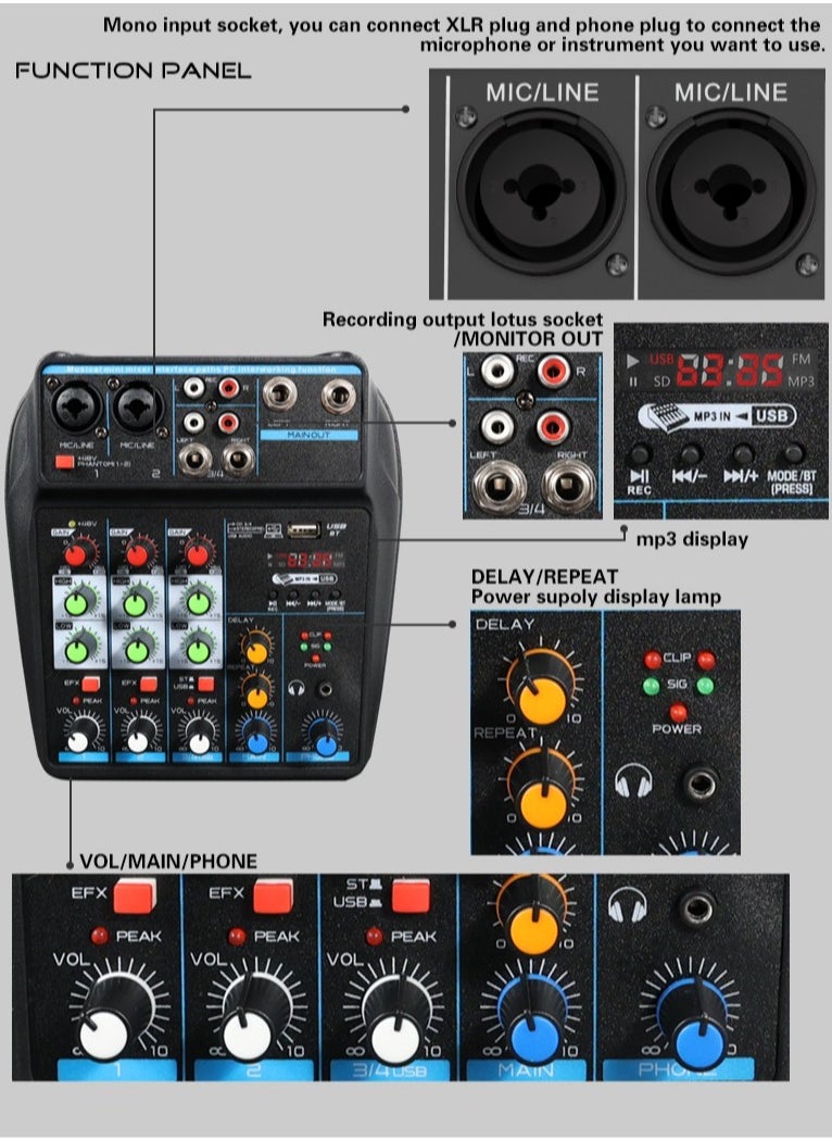 Generic - 4 Channel Mixer, DJ Mixing Console, with Bluetooth, 48V Phantom Power Monitor Karaoke System USB Mixer Audio - Image 1