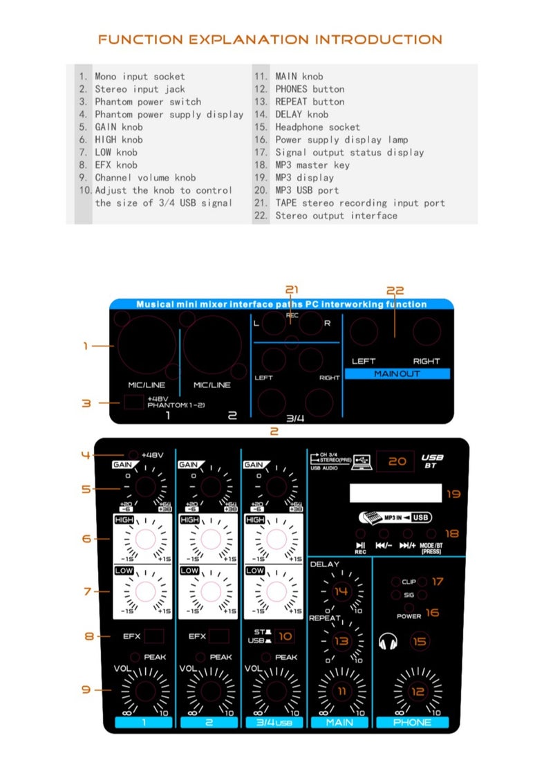 Generic - 4 Channel Mixer, DJ Mixing Console, with Bluetooth, 48V Phantom Power Monitor Karaoke System USB Mixer Audio - Image 1