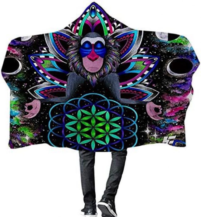 Colourful Winter Plush Wearable Cloak Double-Layer Bath Children Adult Throw Printed Hooded Blanket Daily Use (Colour: 7 Size: 200150) (13,200 x 150) - Image 3