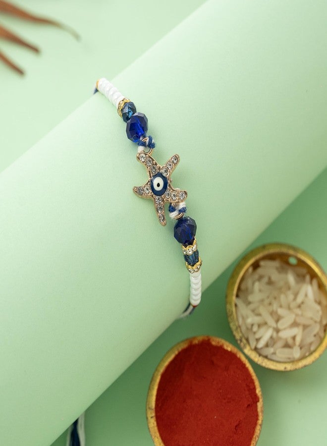 DECORATIVE BUCKETS | rakhi for boys | kids rakhis | rakhis for kids | Rakhis for brother kid with roli chawal and greeting card (star fish evil eye rakhi) - Image 3