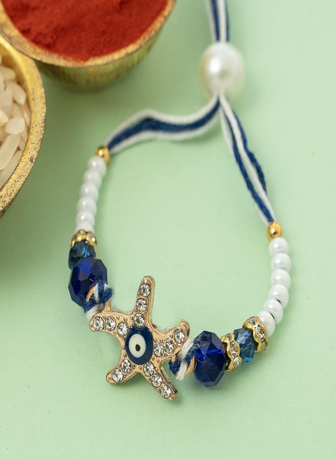 DECORATIVE BUCKETS | rakhi for boys | kids rakhis | rakhis for kids | Rakhis for brother kid with roli chawal and greeting card (star fish evil eye rakhi) - Image 2