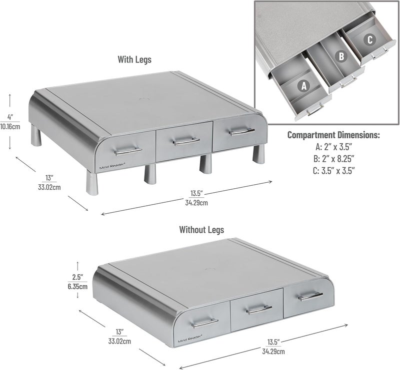 Mind Reader PC, Laptop, IMAC Monitor Stand and Desk Organizer, Silver - Image 3