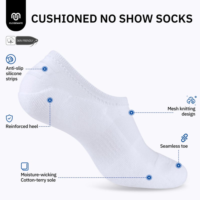 CLOSEMATE No Show Ankle Socks for Women Cushioned Low Cut Non Slip with Silicone Grips 6 Pairs(6White, Size S) - Image 3
