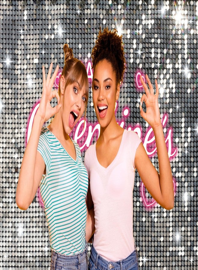 BUTEN Galentine's Day Backdrop Red Pink Glitter - Happy Galentines Banner Decor for Women Friends Party, Ladies Celebrating Photo Booth Background, Valentine's Wall Decorations (Silvery, 7x5FT) - Image 2