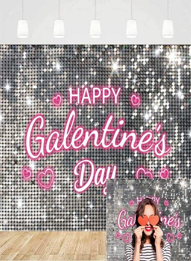 BUTEN Galentine's Day Backdrop Red Pink Glitter - Happy Galentines Banner Decor for Women Friends Party, Ladies Celebrating Photo Booth Background, Valentine's Wall Decorations (Silvery, 7x5FT) - Image 1