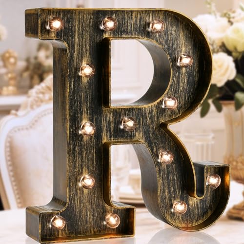 OYCBUZO Golden Black Led Marquee Letter - Industrial, Vintage Style Light Up Alphabet Letter Sign for Cafe Wedding Birthday Party Christmas Lamp Home Bar Initials Decor - R - Image 1