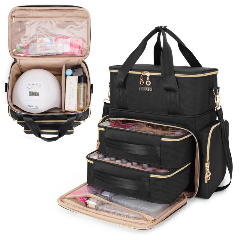 BAFASO Double Layer Nail Polish Organizer Holds 70 Bottles (15ml - 0.5 fl.oz) and a Nail Dryer, Nail Polish Case with 2 Removable Pouches and Tools Storage Sections (Patented), Black - Image 1