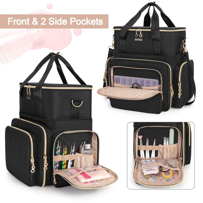 BAFASO Double Layer Nail Polish Organizer Holds 70 Bottles (15ml - 0.5 fl.oz) and a Nail Dryer, Nail Polish Case with 2 Removable Pouches and Tools Storage Sections (Patented), Black - Image 4