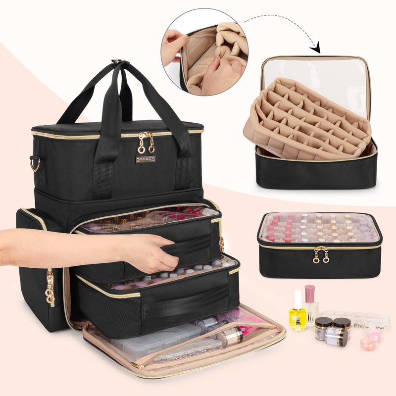 BAFASO Double Layer Nail Polish Organizer Holds 70 Bottles (15ml - 0.5 fl.oz) and a Nail Dryer, Nail Polish Case with 2 Removable Pouches and Tools Storage Sections (Patented), Black - Image 2