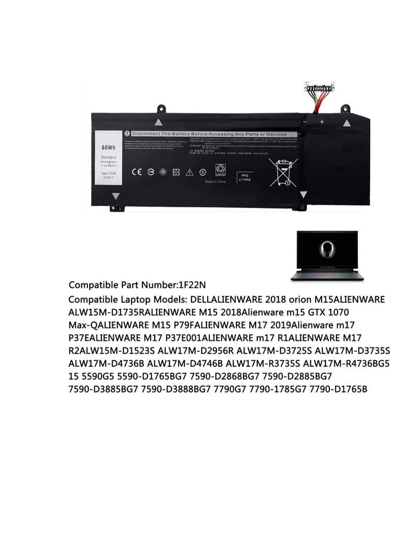 Zexen - 1F22N Laptop Battery Replacement Compatible for Dell Alienware 2018 M15 P79F M17 R1 R2 P37E P37E001 Compatible for Dell G7 7590 G7 7790 G5 5590 5590-D2783W D2743B D2843W HYWXJ JJPFK 15.2V 60Wh - Image 1