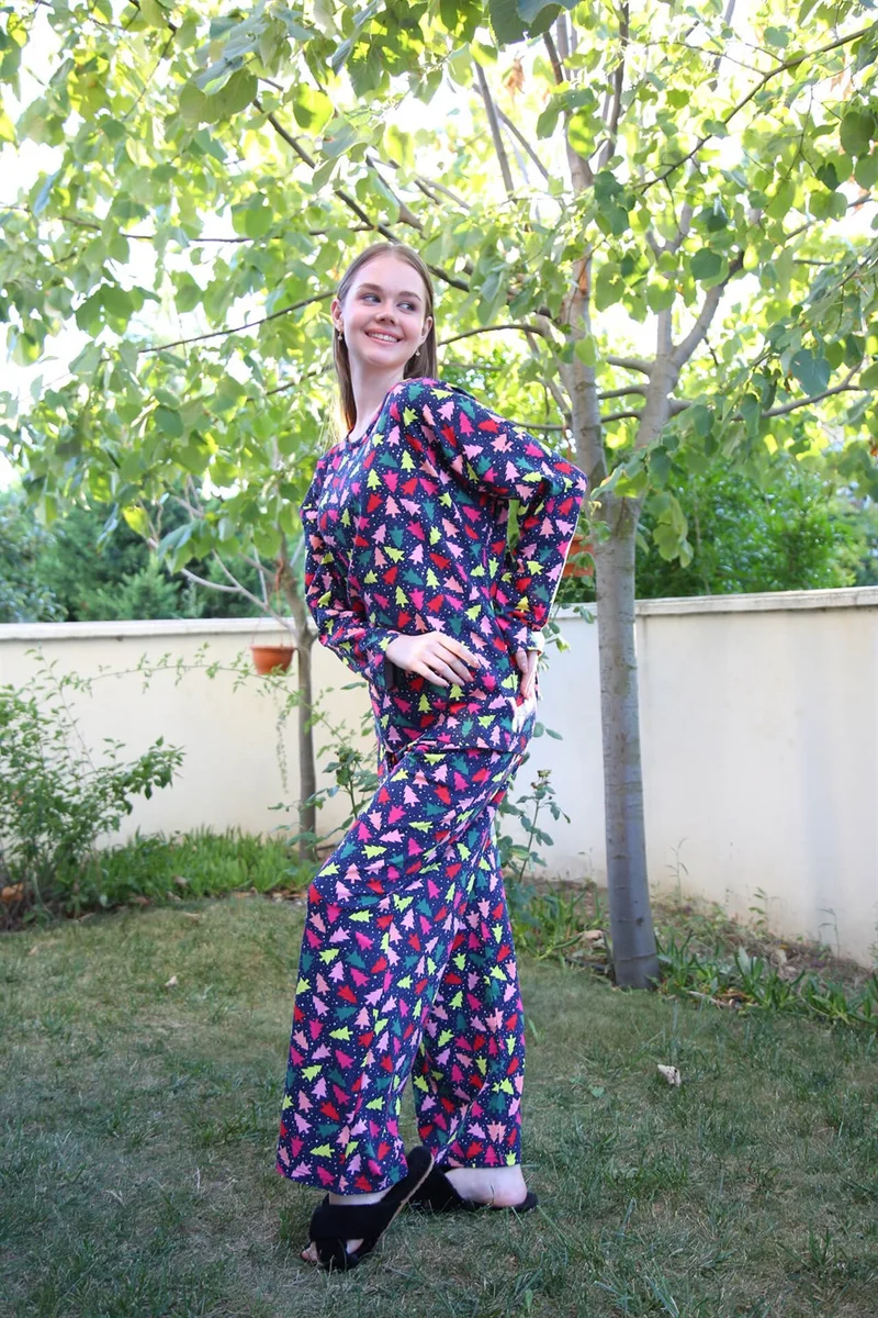 Akbeniz Women's Combed Cotton Wide Leg Pajamas Set 4123