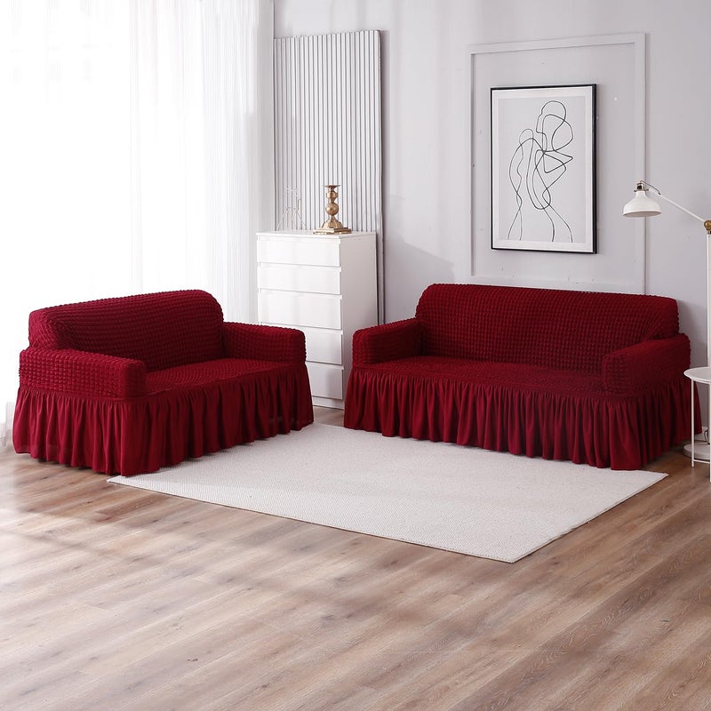 HOKIPO Elastic 32 Seater Turkish 280 GSM Bubble Frill Sofa Cover Cherry Red AR4603B5 AR4604B5 - Image 1
