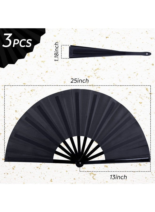 JOHOUSE 3 Pack Black Folding Fans, 13 Inch Silk Fans Tai Ji Fan Chinese Folding Rave Fan Handheld Renaissance Fan, for Dance, Performance, Church, Fighting, Party Favors, Festival Decorations - Image 2