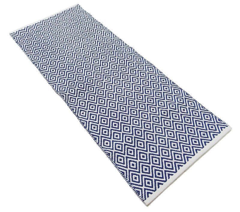 MDZ Hand Woven 100 Cotton Diamond Rug Bed Side Runner for Bedroom Living Room Kitchen Entrance Passage Style Modern Size 2x5 Feet Organic Eco Friendly Machine Washable Blue - Image 5