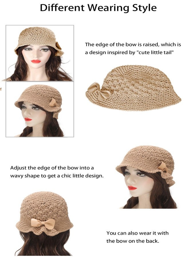 ZLYC قبعة دلو كروشيه شتوية نسائية من ZLYC، مصنوعة يدوياً من القطن المحبوك، قبعة بولر (لون كاكي مزين بفيونكة) - Image 3