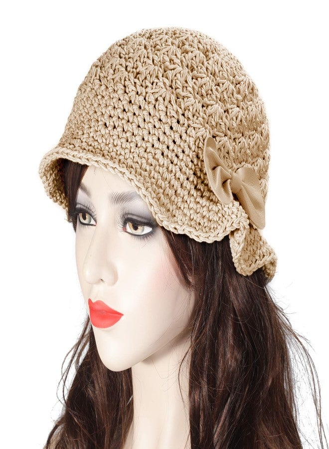 ZLYC قبعة دلو كروشيه شتوية نسائية من ZLYC، مصنوعة يدوياً من القطن المحبوك، قبعة بولر (لون كاكي مزين بفيونكة) - Image 2