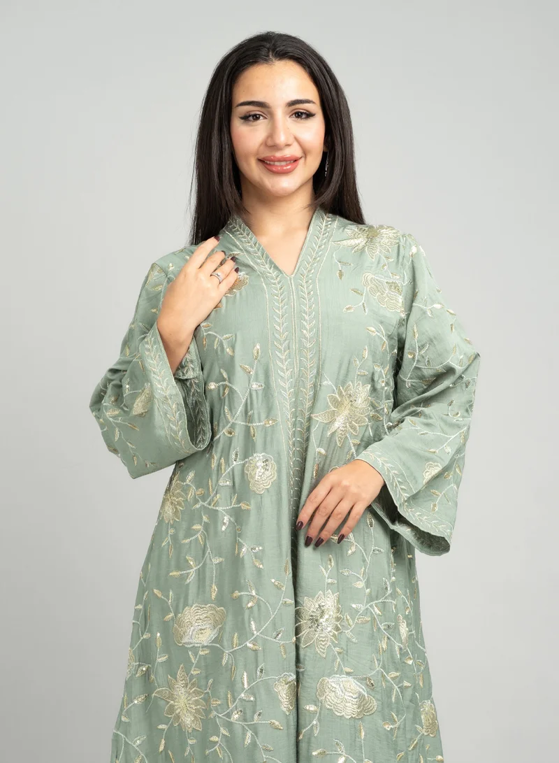 اكسا جلابية عصرية مطرزة زهور CJ1073 اخضر